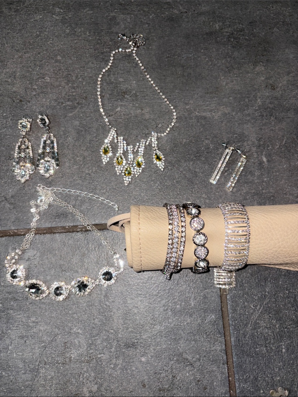 Vintage Silver Crystal costume jewelry. One necklace with Green Accent -